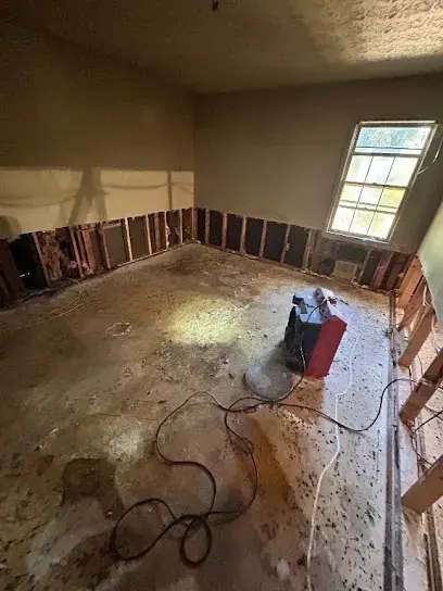 Bare room with the lower wall cut away and a dehumidifier on the subfloor