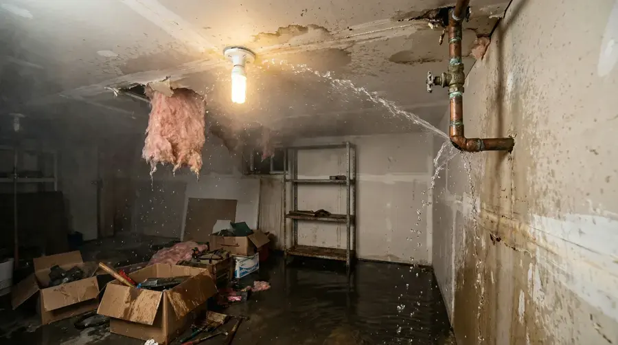 Water spraying from a burst pipe into a flooded Huntersville utility room