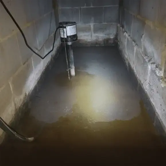 Standing water pooled in a block crawl space under a Huntersville home