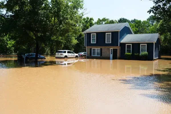 Brown storm floodwater surrounding a two-story home in north Mecklenburg