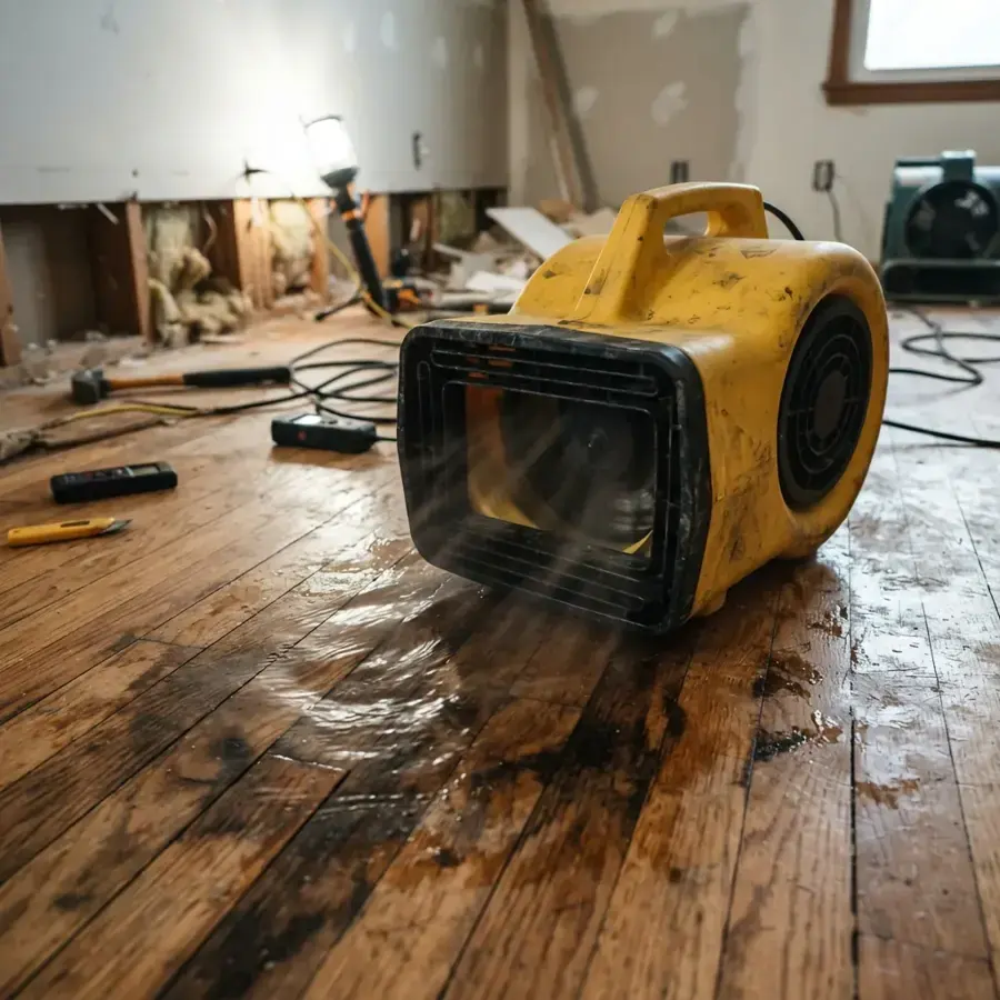 Air mover drying a water-soaked hardwood floor beside opened drywall