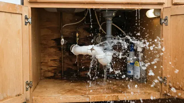 Water spraying from a failed fitting inside a kitchen sink cabinet