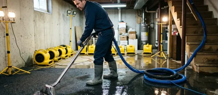 Extraction wand pulling standing water across a flooded Huntersville basement floor