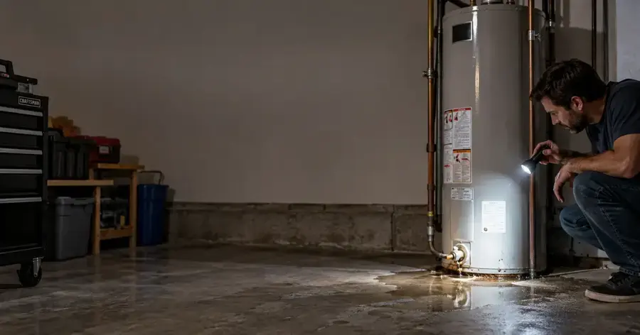 Flashlight inspection of a leaking water heater in a Huntersville garage